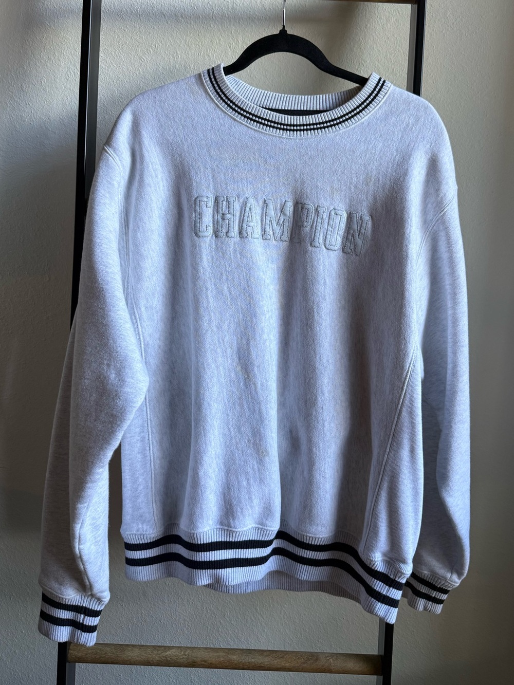 Champion White Crewneck Sweatshirt with Black Stripe Trim